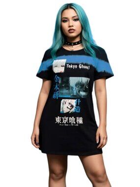 Tokyo Ghoul Ken Kaneki Kanji Tie-Dye Black Blue Juniors T-Shirt Dress New XS-XL